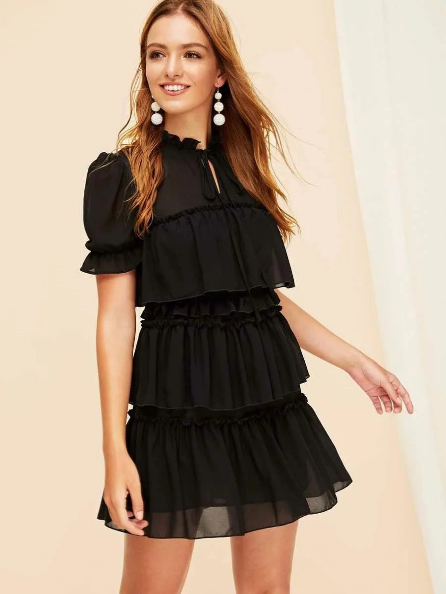 Tie Neck Ruffle Trim Layered Mesh Dress Periwinkley Shop