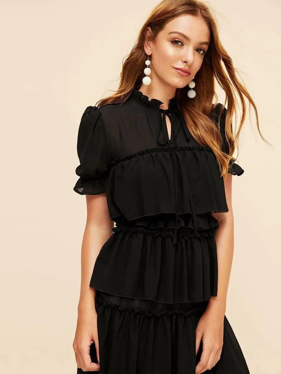 Tie Neck Ruffle Trim Layered Mesh Dress Periwinkley Shop