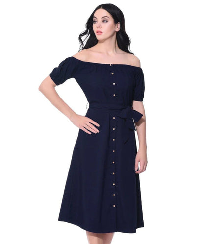 Solid Navy Off Shoulder Buttoned Down Dress Periwinkley Shop