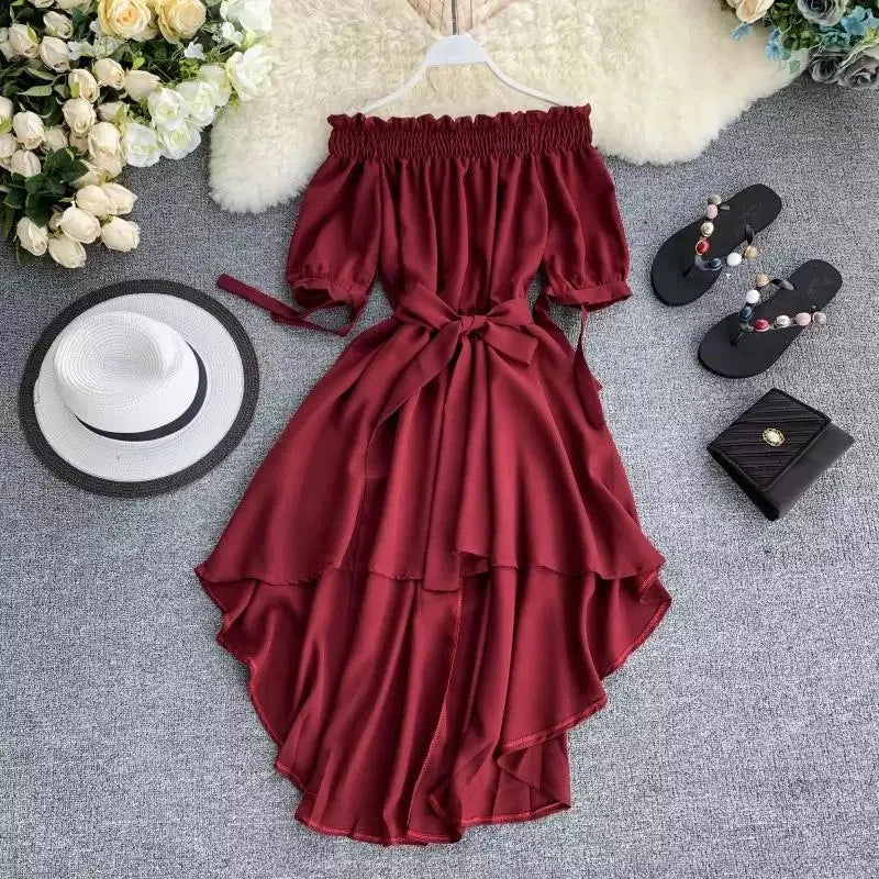 Slash Neck Puff Sleeve Bowknot Dress Periwinkley Shop