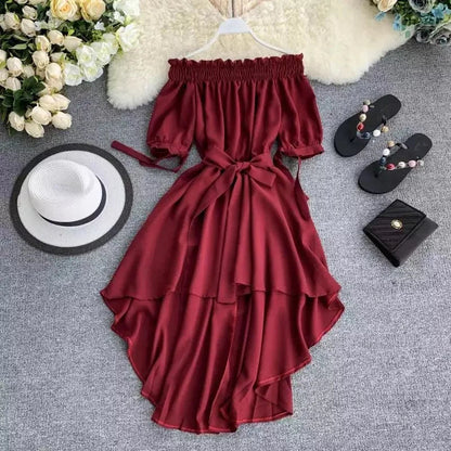 Slash Neck Puff Sleeve Bowknot Dress Periwinkley Shop