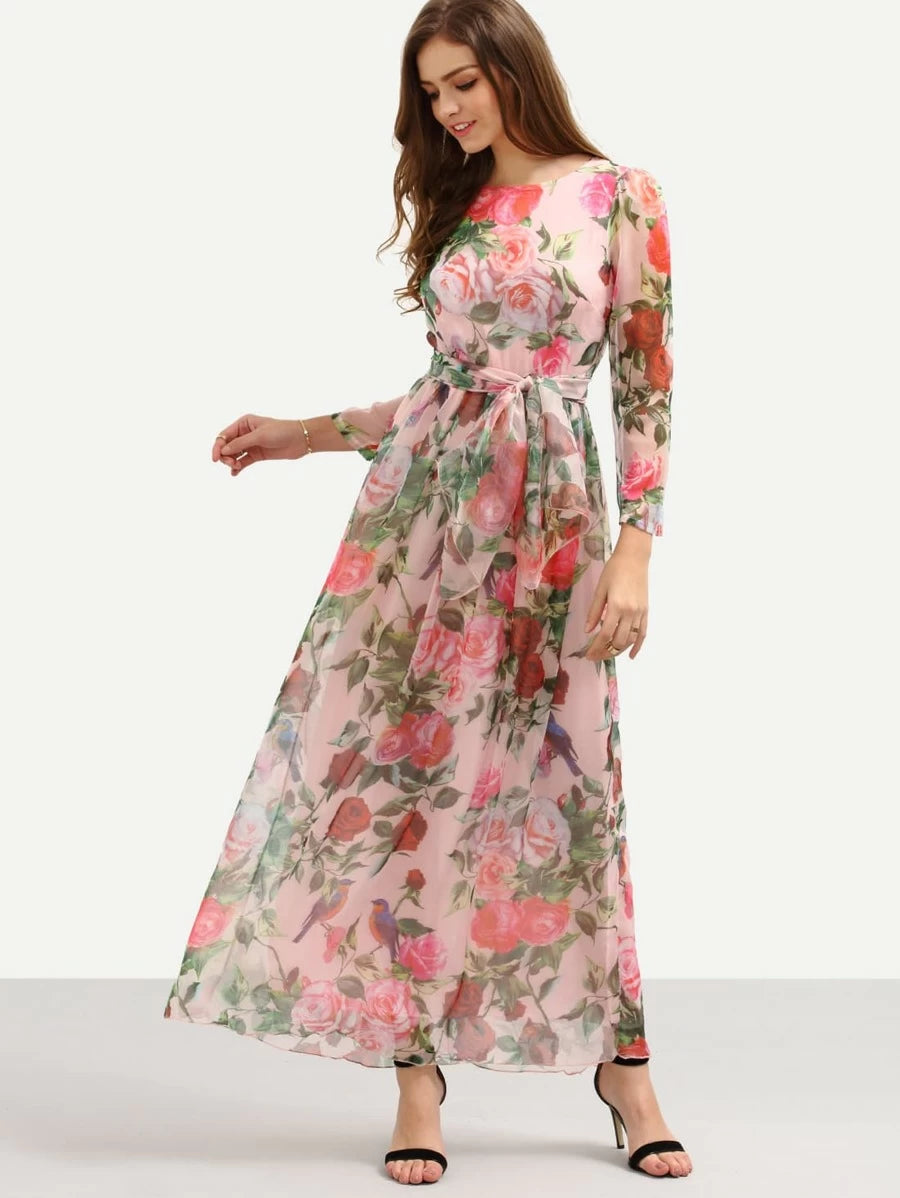Self-Tie Rose Print Chiffon Romantic Dress Periwinkley Shop