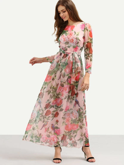 Self-Tie Rose Print Chiffon Romantic Dress Periwinkley Shop