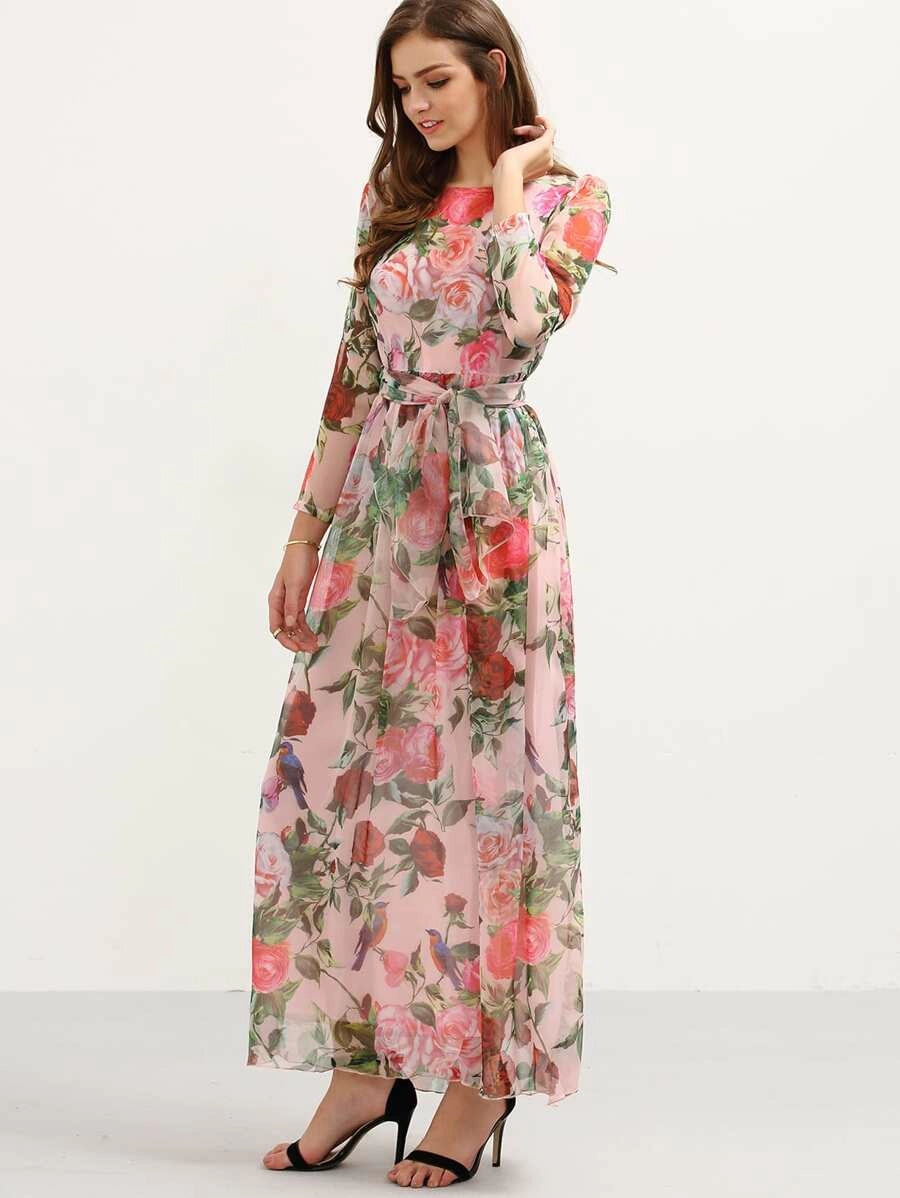 Self-Tie Rose Print Chiffon Romantic Dress Periwinkley Shop