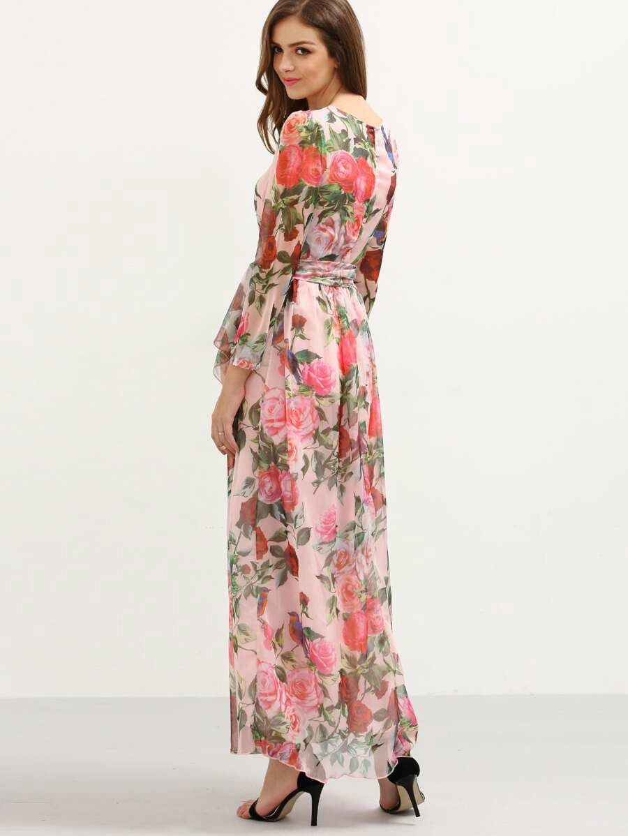 Self-Tie Rose Print Chiffon Romantic Dress Periwinkley Shop