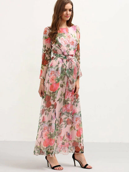 Self-Tie Rose Print Chiffon Romantic Dress Periwinkley Shop