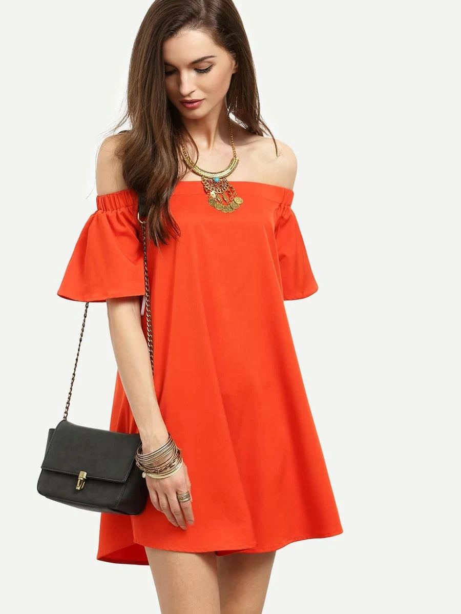 Bardot Flounce Sleeve Flare Dress Periwinkley Shop