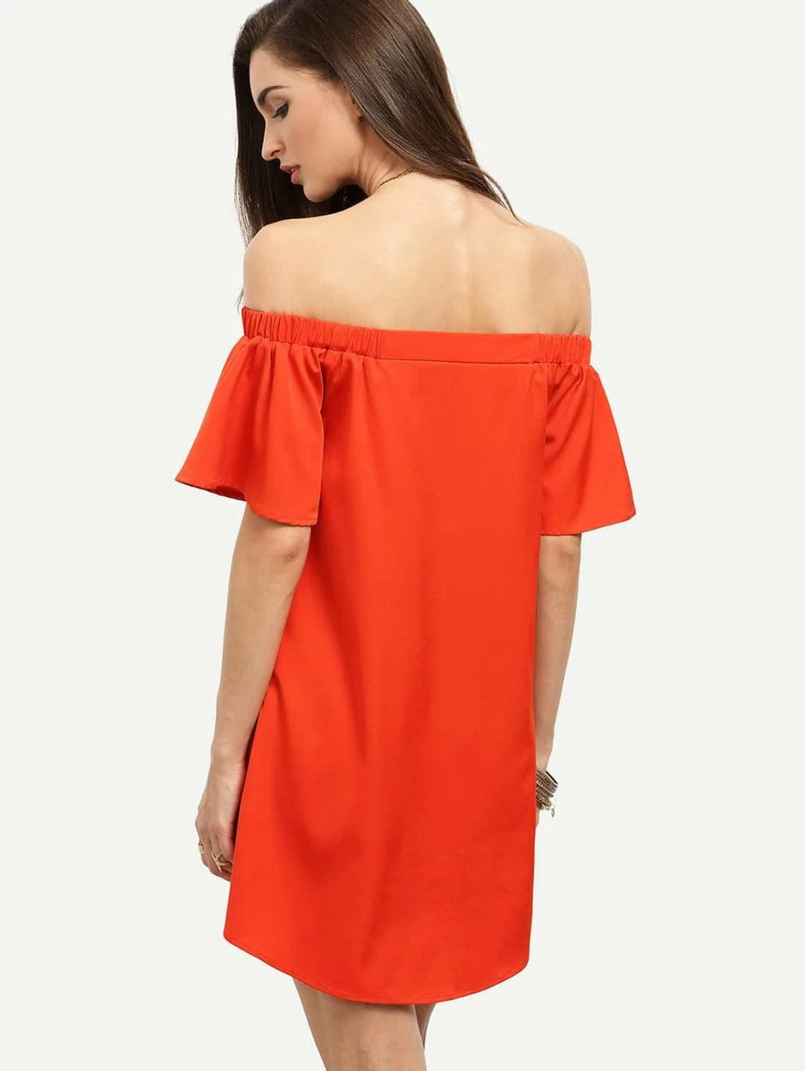 Bardot Flounce Sleeve Flare Dress Periwinkley Shop