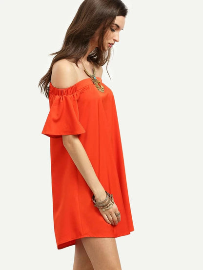 Bardot Flounce Sleeve Flare Dress Periwinkley Shop