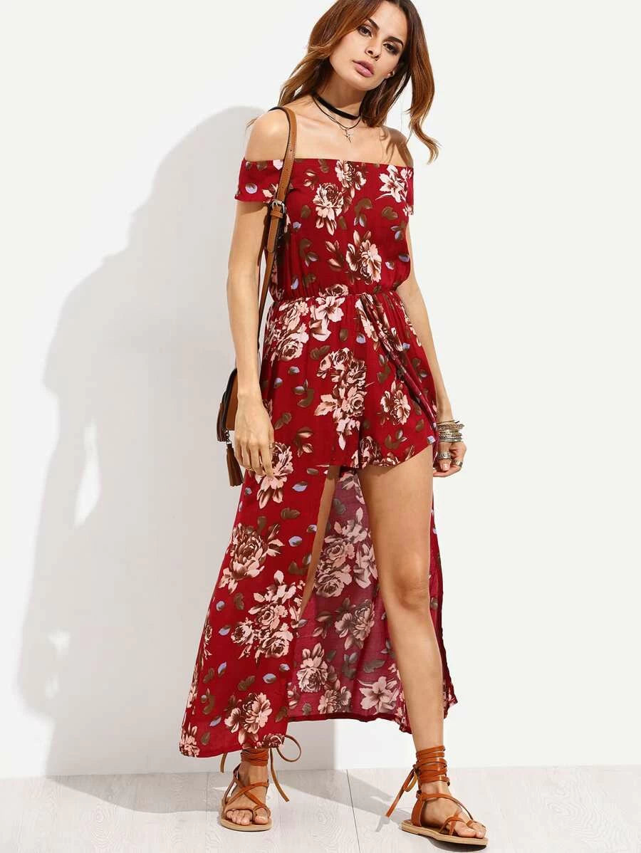 Flower Print Bardot Longline Romper Periwinkley Shop