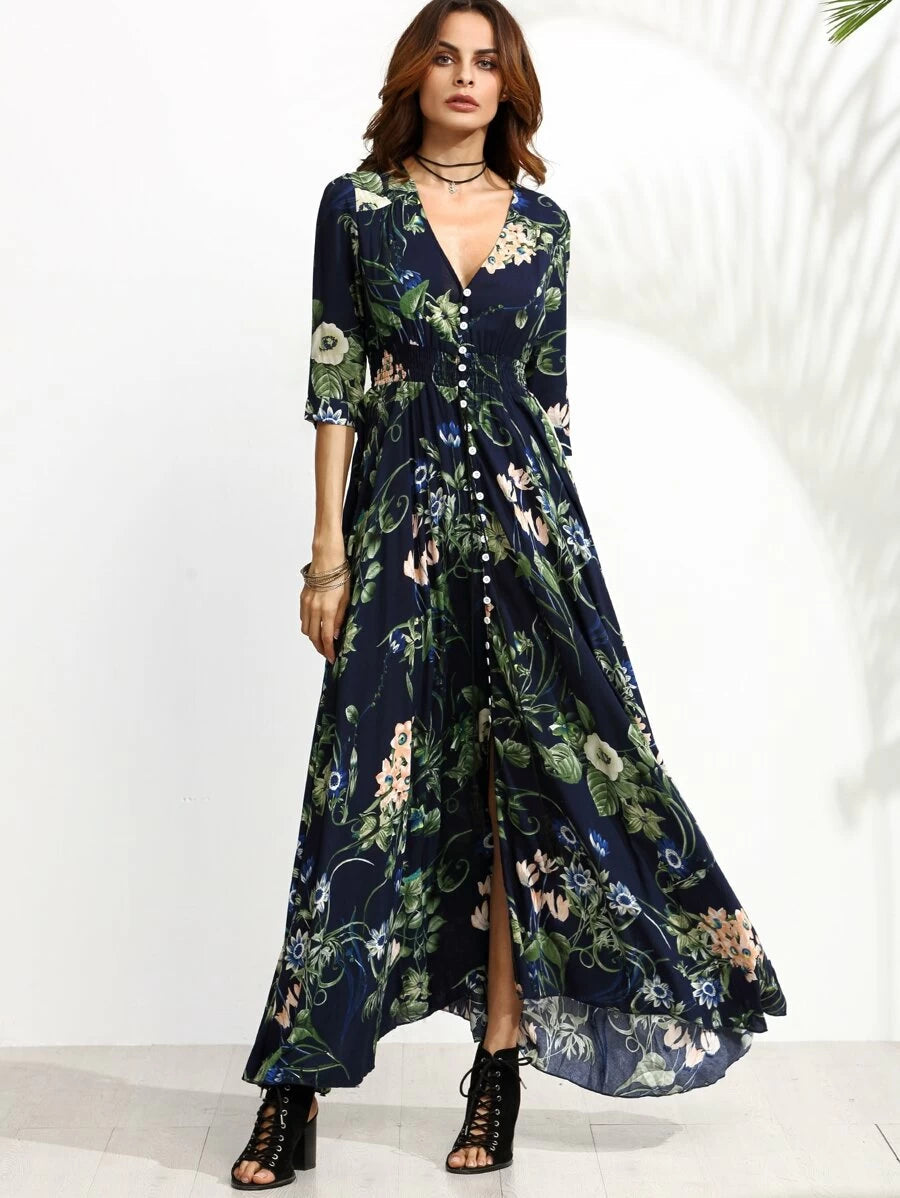 Calico Print Plunge Neck Button Front Maxi Dress Periwinkley Shop