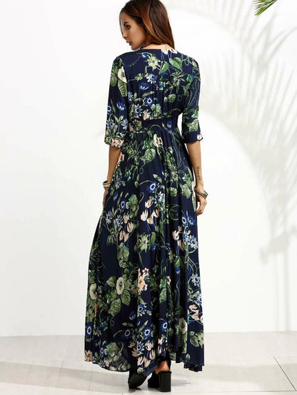 Calico Print Plunge Neck Button Front Maxi Dress Periwinkley Shop