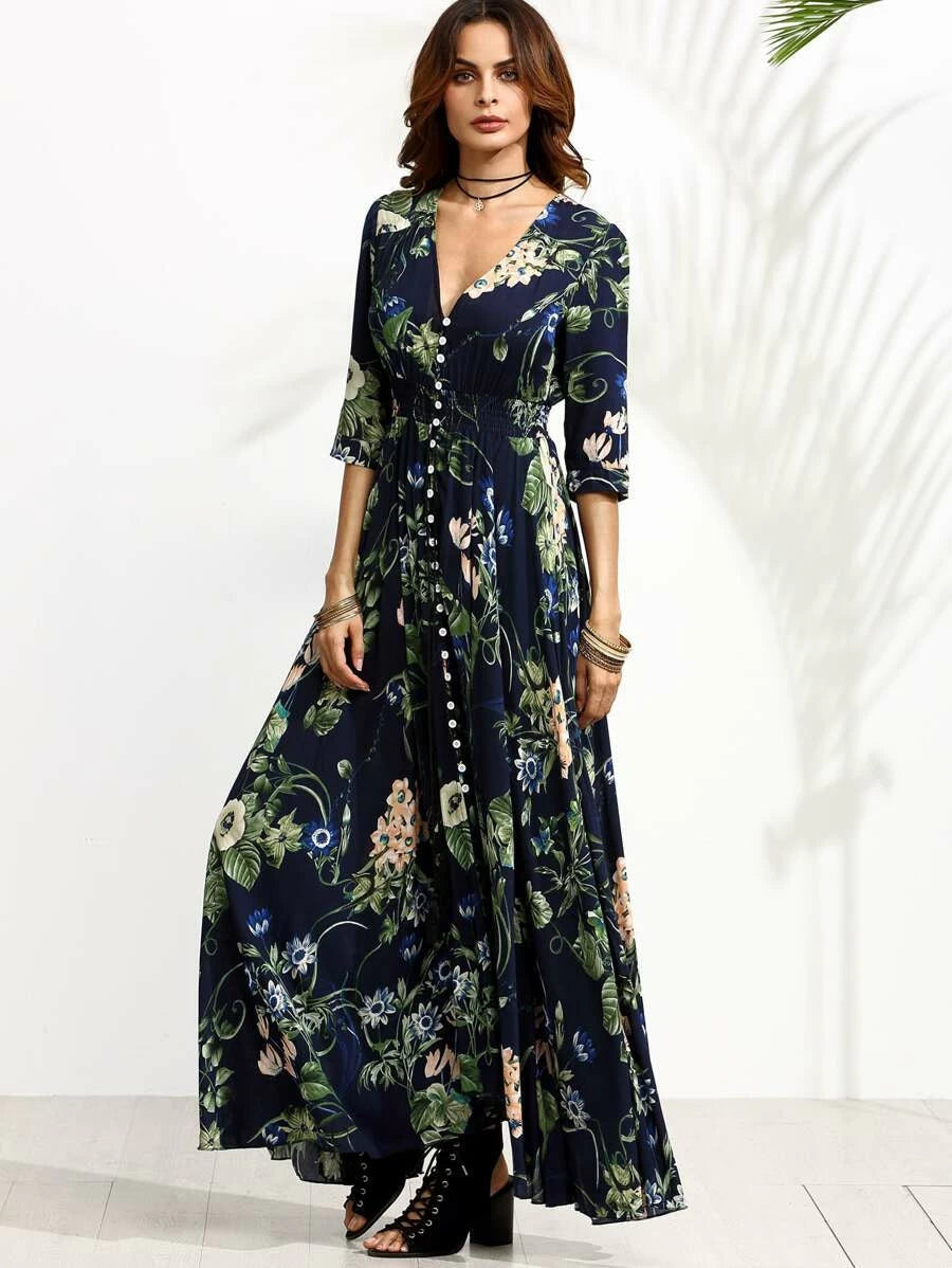 Calico Print Plunge Neck Button Front Maxi Dress Periwinkley Shop