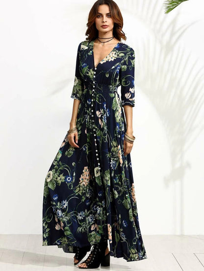 Calico Print Plunge Neck Button Front Maxi Dress Periwinkley Shop