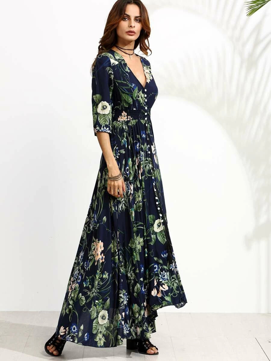 Calico Print Plunge Neck Button Front Maxi Dress Periwinkley Shop