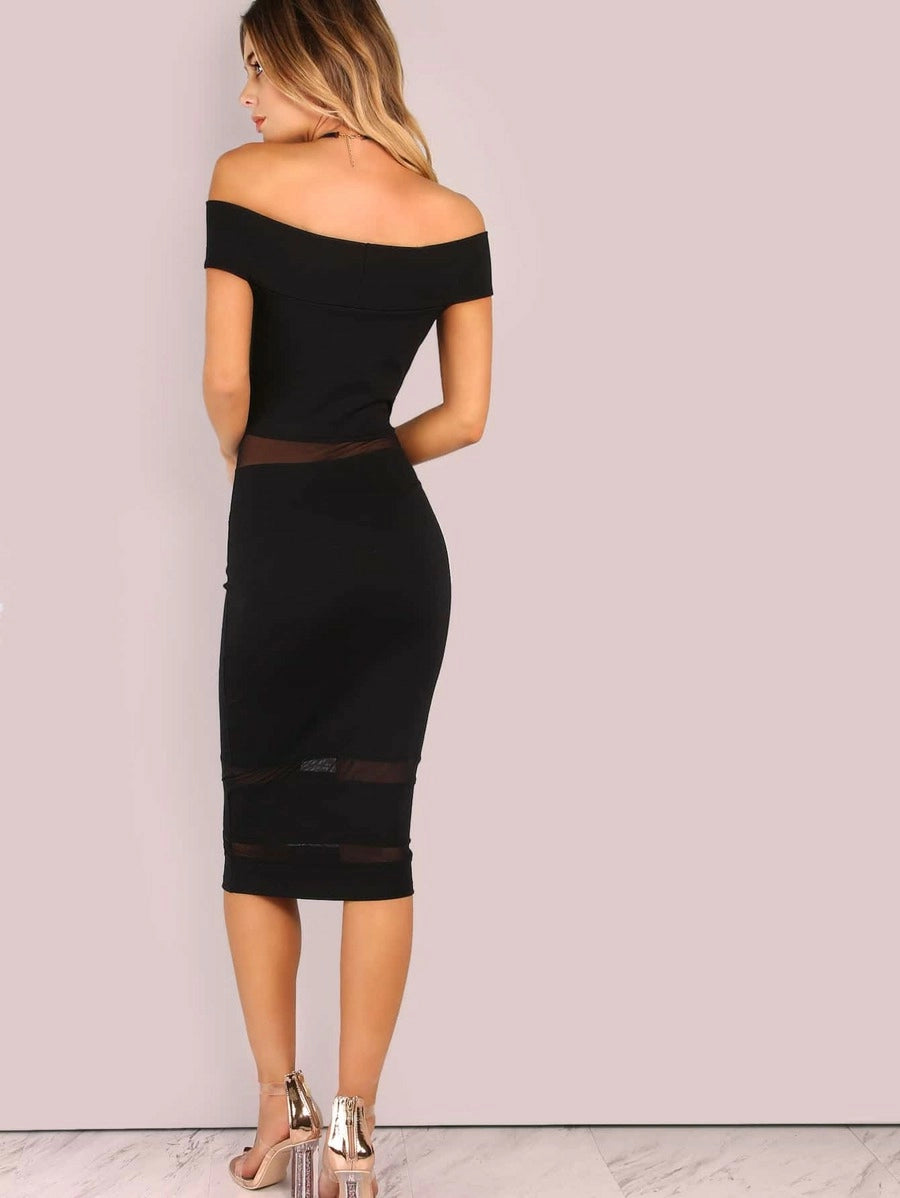 Off Shoulder Mesh Panel Bodycon Dress Periwinkley Shop