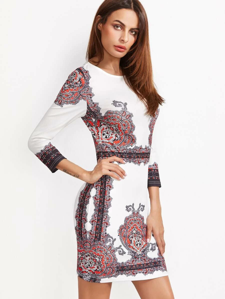Vintage Print Bodycon Dress Periwinkley Shop