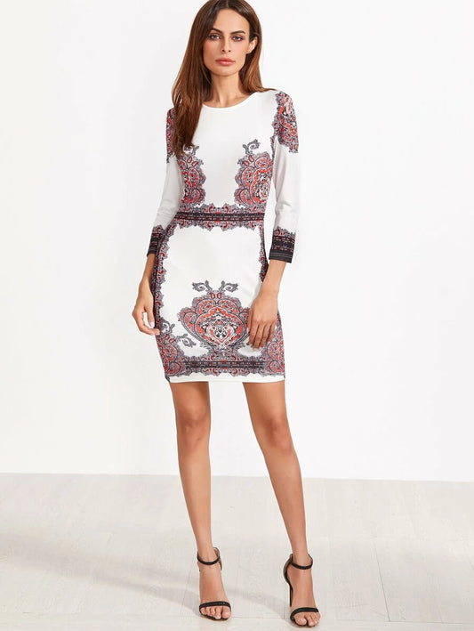 Vintage Print Bodycon Dress Periwinkley Shop