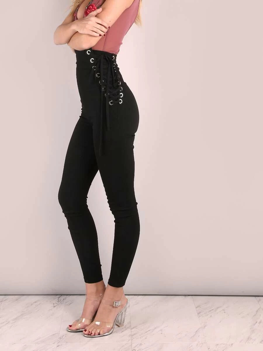 High Waisted Eyelet Strap Skinny Pants Periwinkley Shop