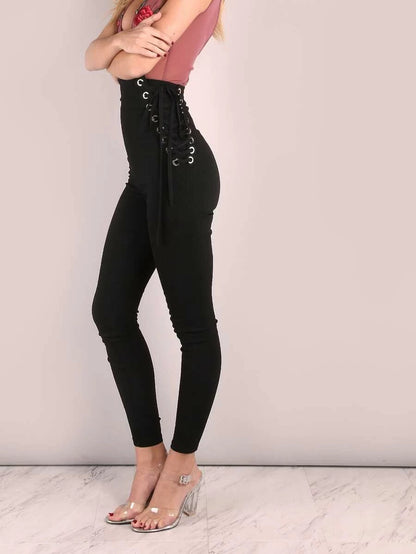 High Waisted Eyelet Strap Skinny Pants Periwinkley Shop