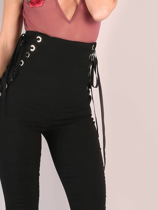 High Waisted Eyelet Strap Skinny Pants Periwinkley Shop