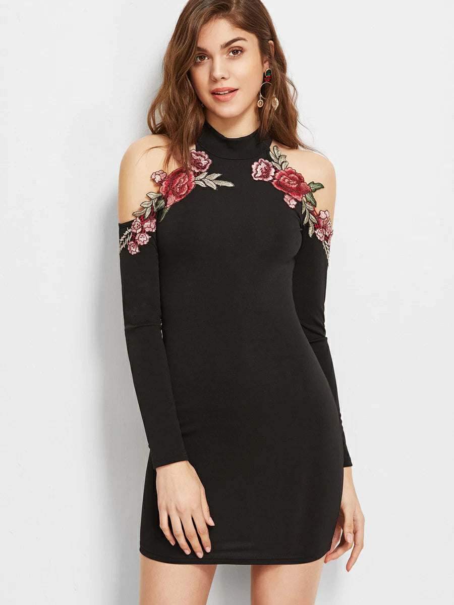 Cold Shoulder Flower Applique Bodycon Dress Periwinkley Shop