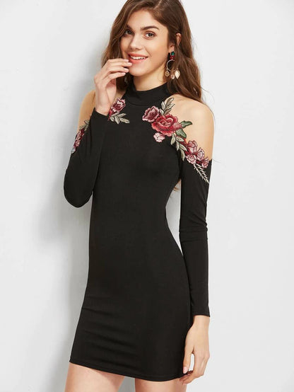 Cold Shoulder Flower Applique Bodycon Dress Periwinkley Shop