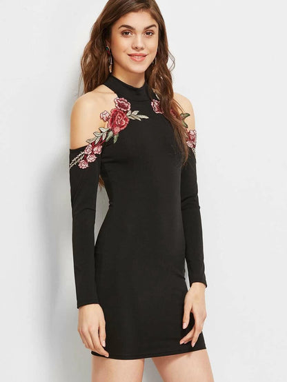 Cold Shoulder Flower Applique Bodycon Dress Periwinkley Shop