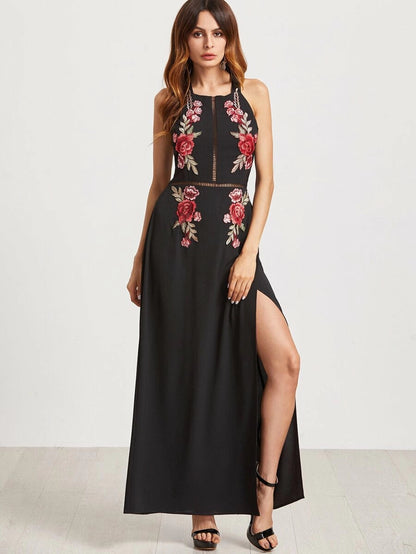 Rose Applique Tied Backless High Slit Maxi Dress Periwinkley Shop
