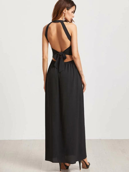 Rose Applique Tied Backless High Slit Maxi Dress Periwinkley Shop