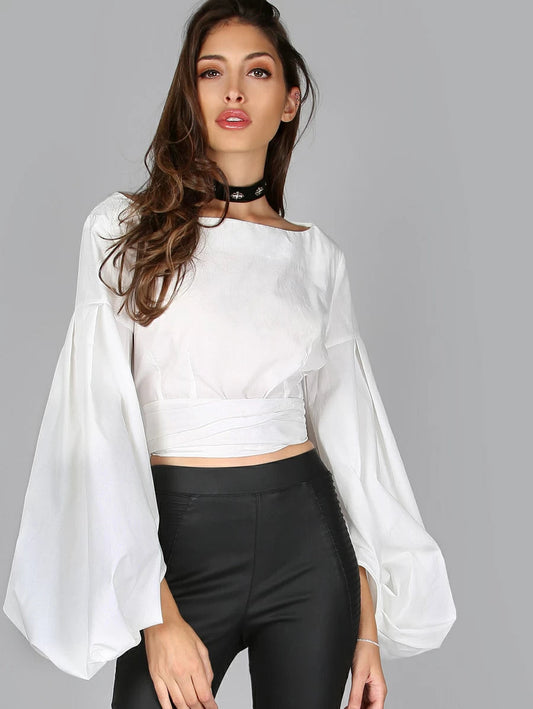 Lantern Sleeve Belted Back Crop Top Periwinkley Shop