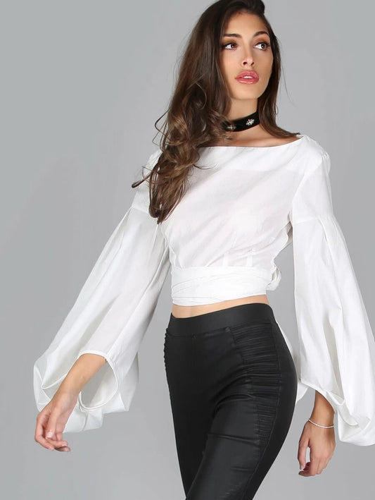 Lantern Sleeve Belted Back Crop Top Periwinkley Shop