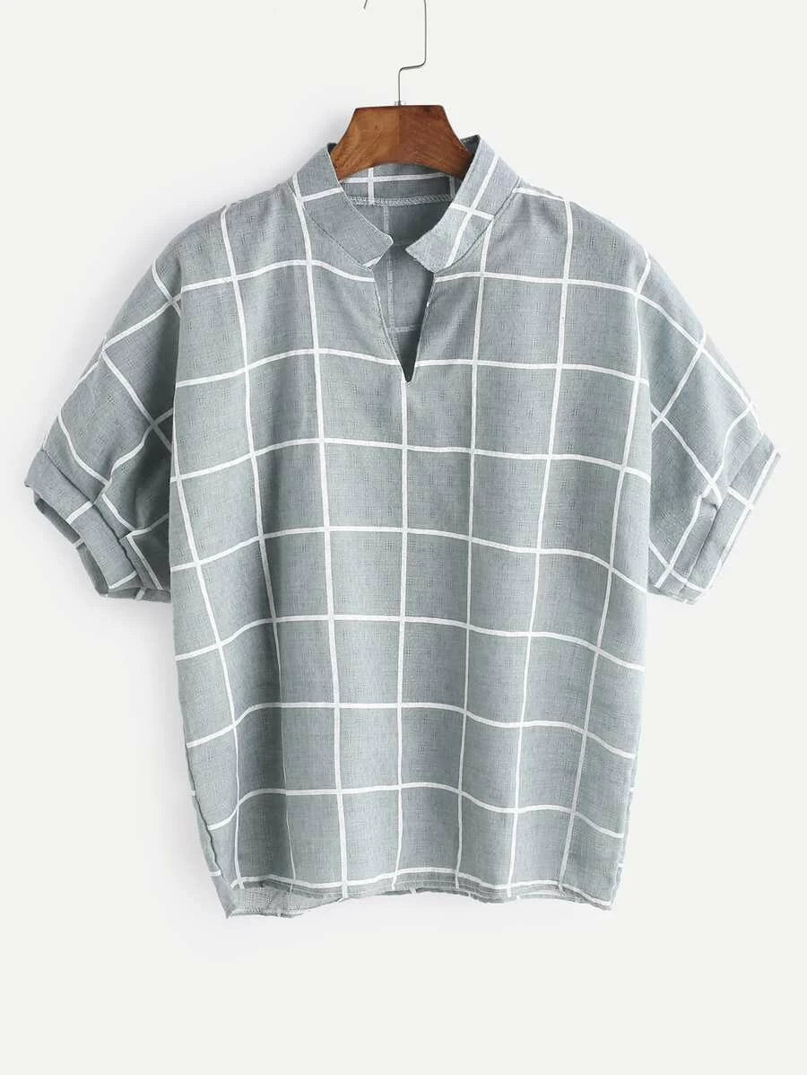 Stand Collar Dip Hem Check Blouse Periwinkley Shop