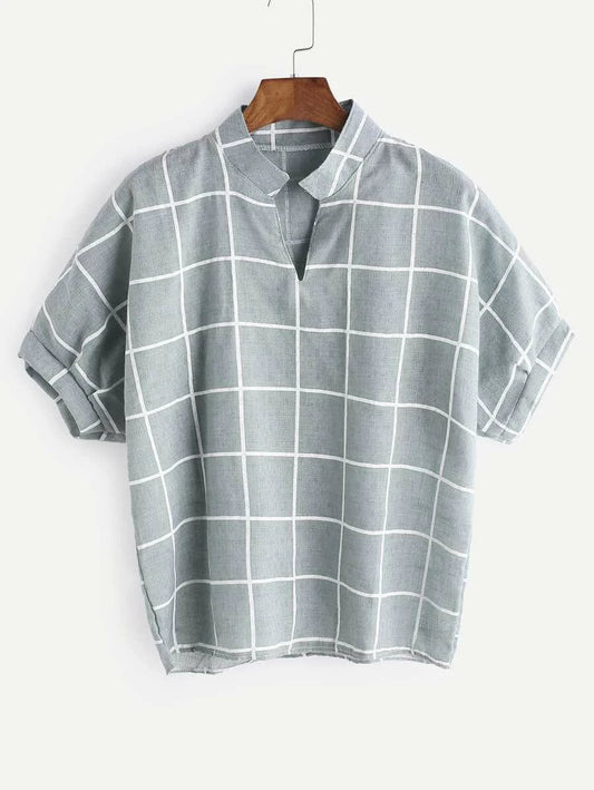 Stand Collar Dip Hem Check Blouse Periwinkley Shop