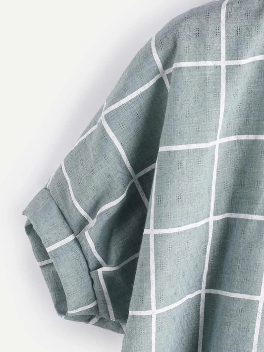 Stand Collar Dip Hem Check Blouse Periwinkley Shop