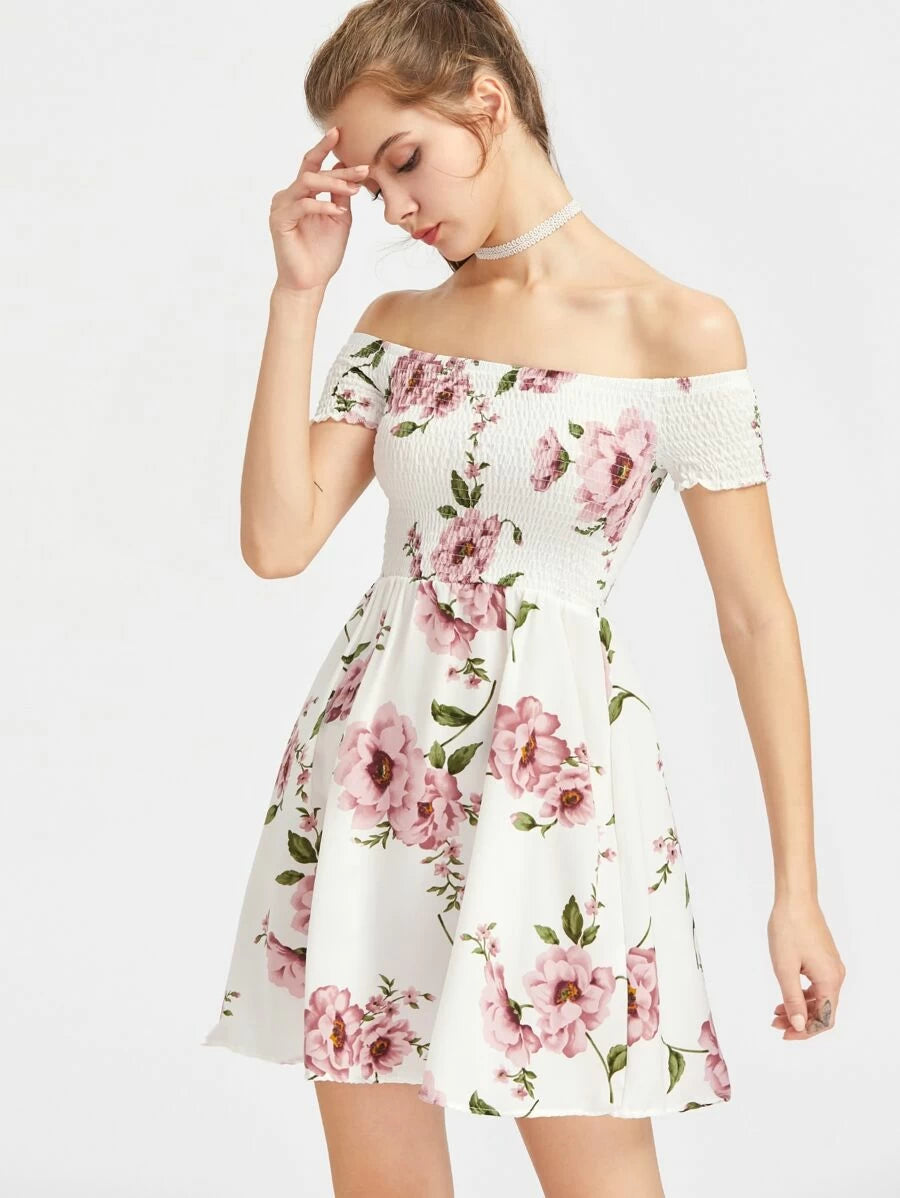 Floral Print Smocked Bardot Dress Periwinkley Shop