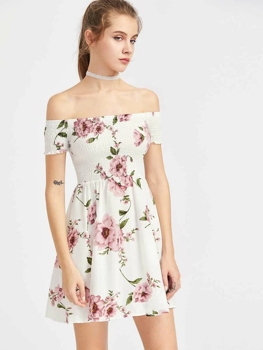 Floral Print Smocked Bardot Dress Periwinkley Shop