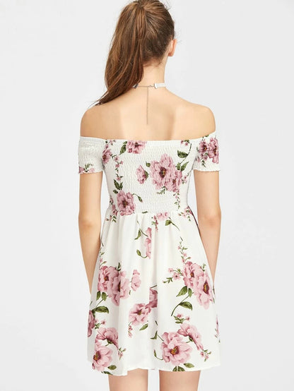 Floral Print Smocked Bardot Dress Periwinkley Shop