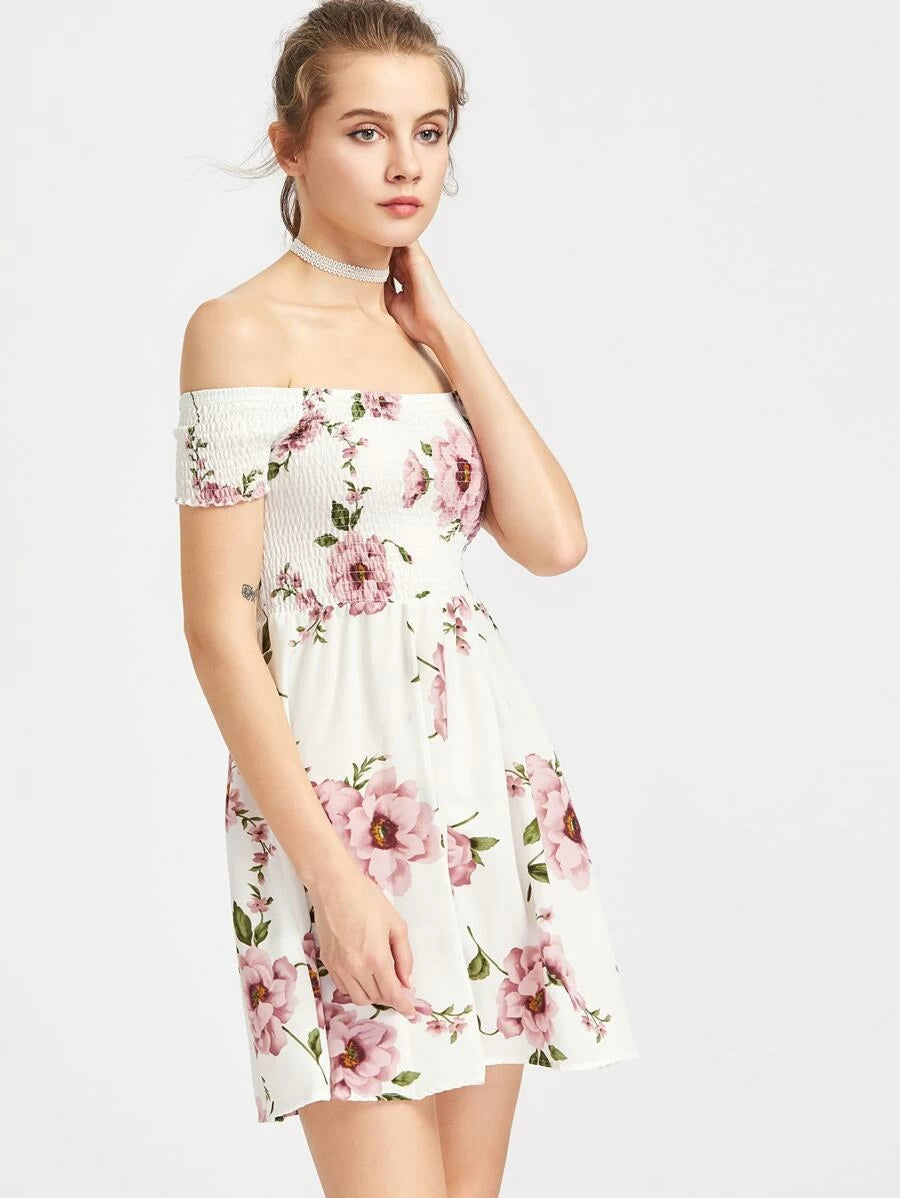 Floral Print Smocked Bardot Dress Periwinkley Shop