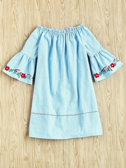 Symmetric Embroidery Trumpet Sleeve Lace Insert Bardot Dress Periwinkley Shop