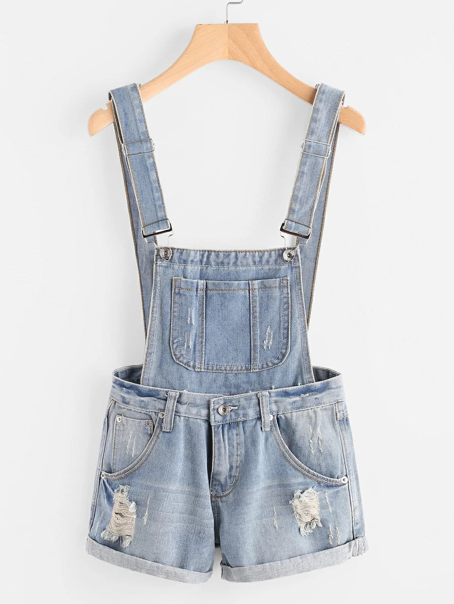 Distress Cuffed Denim Dungaree Shorts Periwinkley Shop