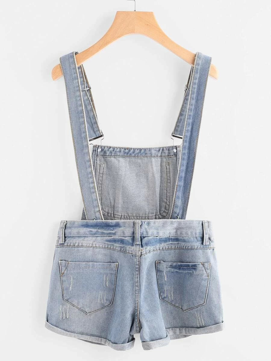 Distress Cuffed Denim Dungaree Shorts Periwinkley Shop