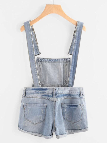 Distress Cuffed Denim Dungaree Shorts Periwinkley Shop