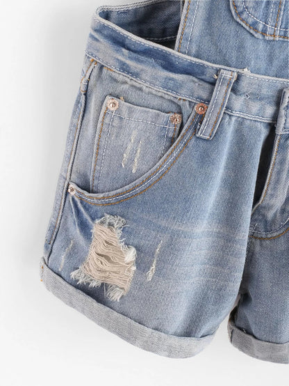 Distress Cuffed Denim Dungaree Shorts Periwinkley Shop