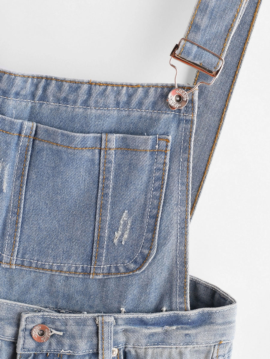 Distress Cuffed Denim Dungaree Shorts Periwinkley Shop