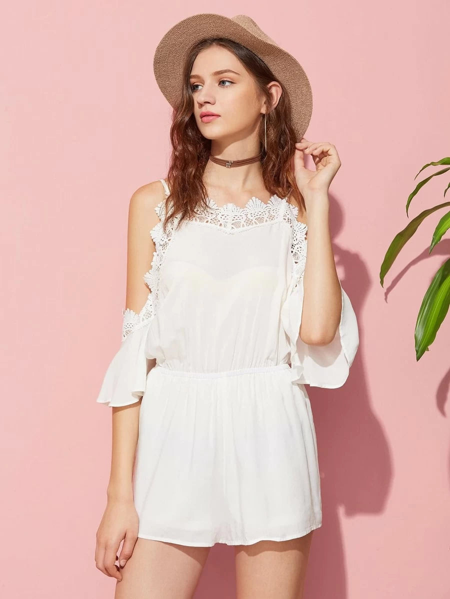 Lace Trim Flutter Sleeve Elasticized Waist Playsuit Periwinkley Shop