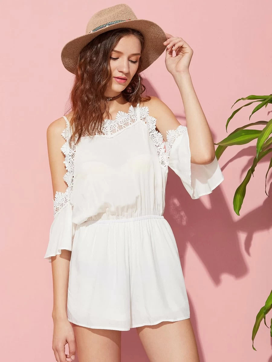 Lace Trim Flutter Sleeve Elasticized Waist Playsuit Periwinkley Shop
