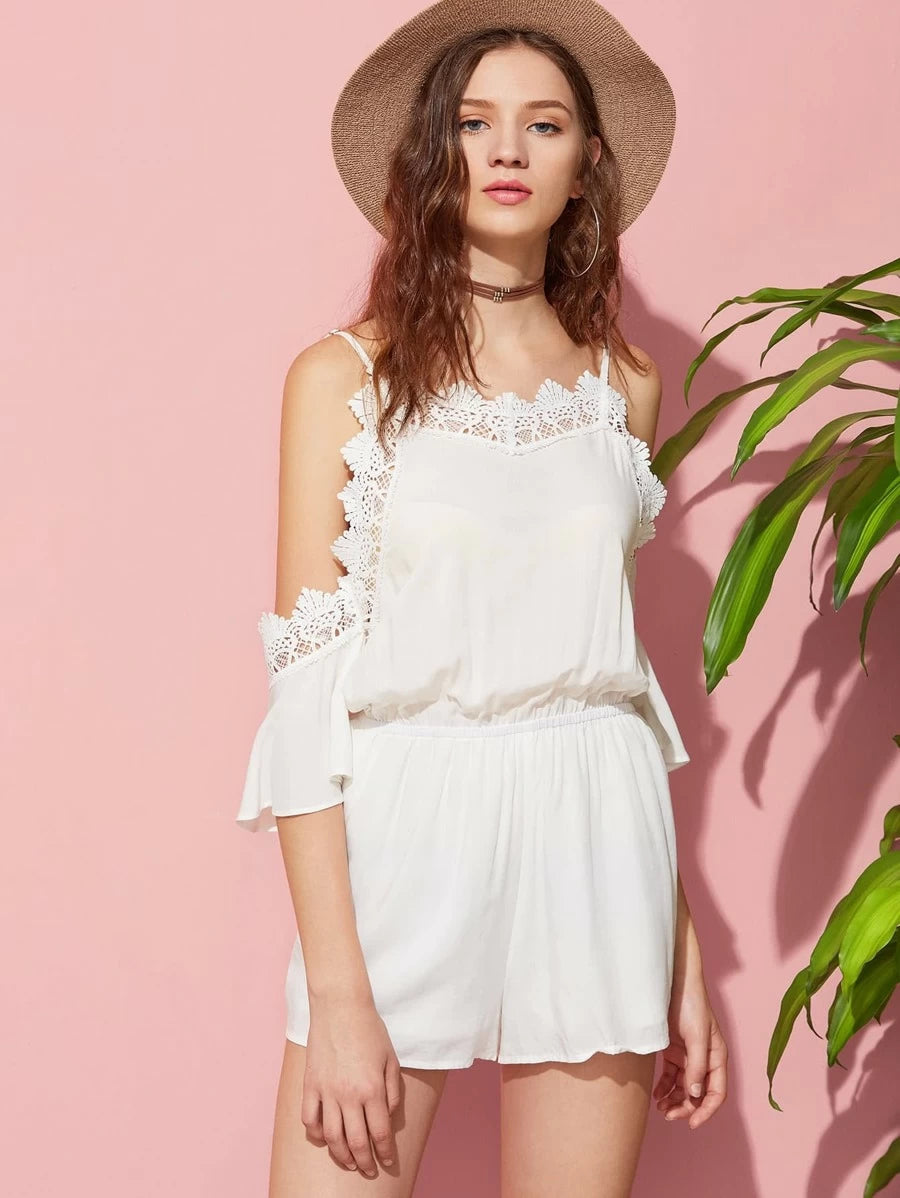 Lace Trim Flutter Sleeve Elasticized Waist Playsuit Periwinkley Shop