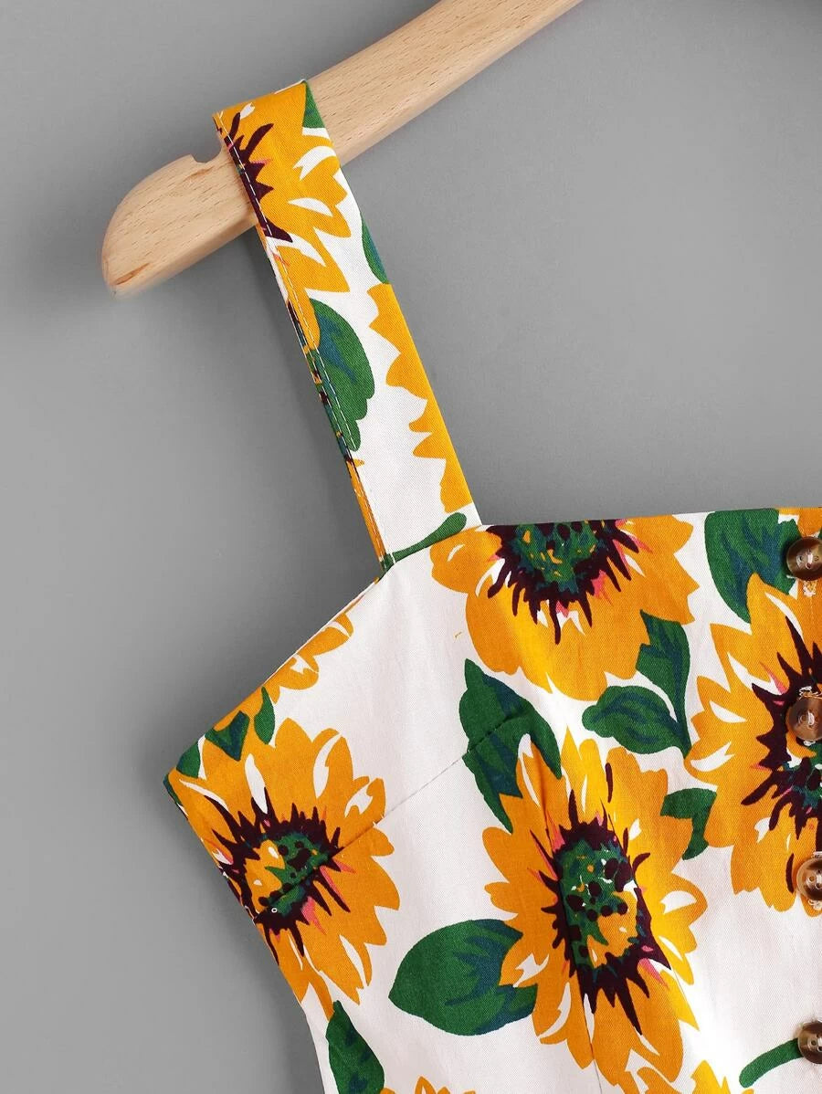 Sunflower Print Random Single Breasted Cut Out Dress Periwinkley Shop