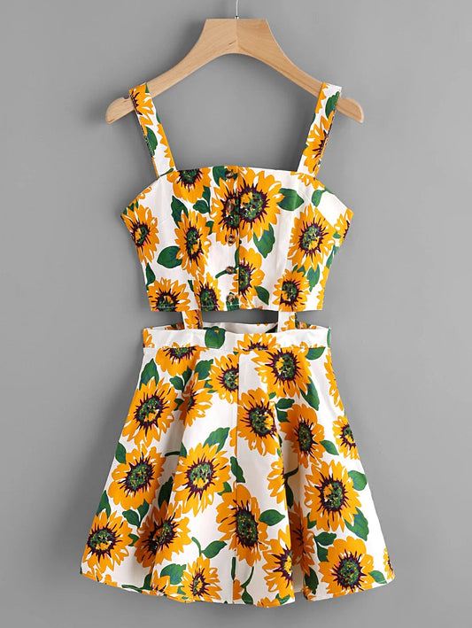 Sunflower Print Random Single Breasted Cut Out Dress Periwinkley Shop